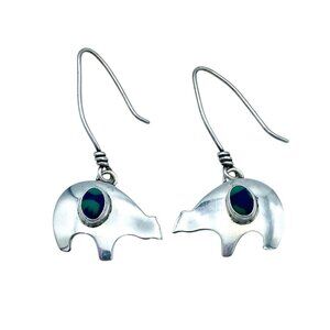 Sterling Silver Signed S.J. Azurite Malachite Bear Earrings Dangle Drop Threader